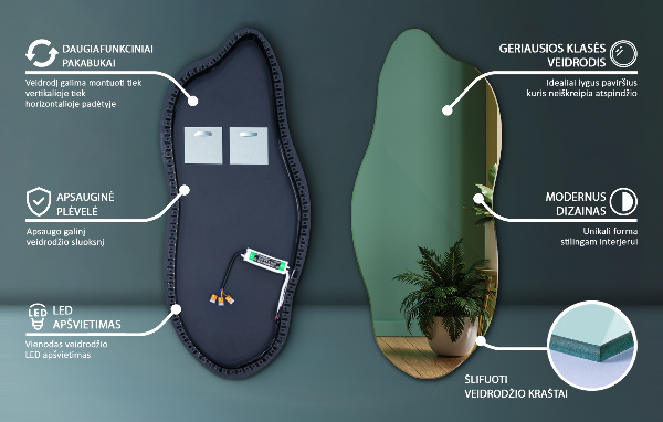 Specchio forma irregolare con led 35x80 cm