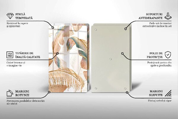 Tagliere in vetro temperato Piume e foglie boho