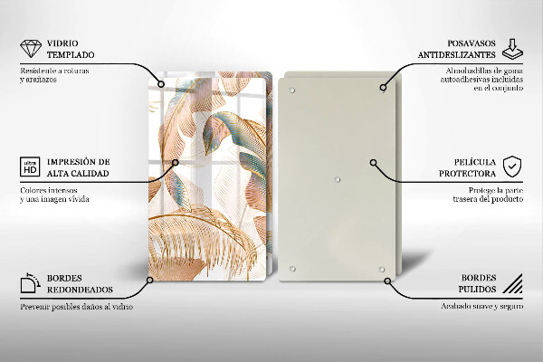 Tagliere in vetro temperato Piume e foglie boho