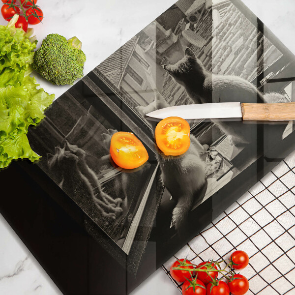 Tagliere in vetro temperato Città e finestra dei gatti