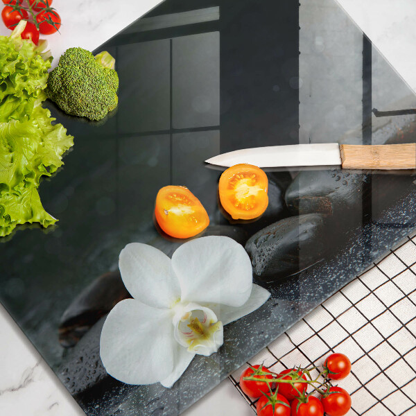 Tagliere in vetro Pietre Zen fiore bianco