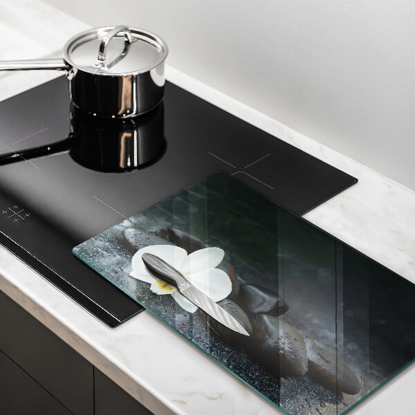 Tagliere in vetro Pietre Zen fiore bianco