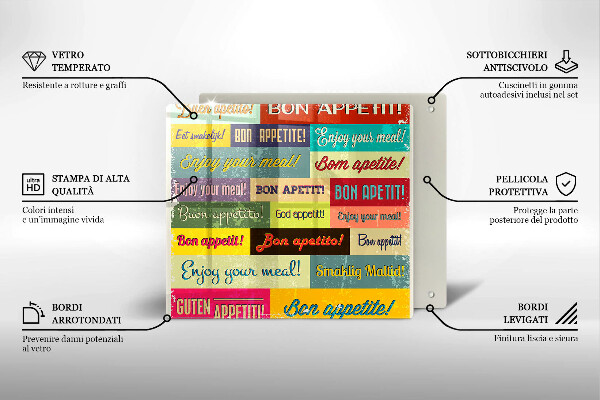 Tagliere in vetro temperato Sottotitoli Buon appetito lingue