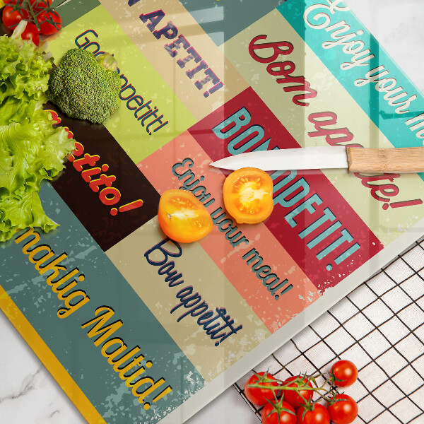 Tagliere in vetro temperato Sottotitoli Buon appetito lingue