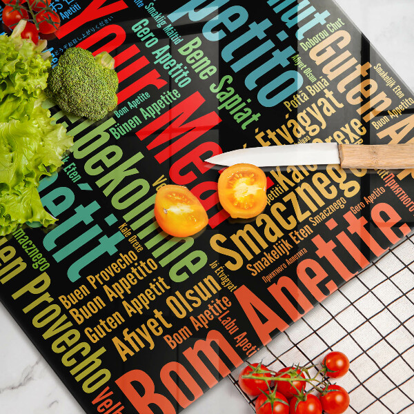 Tagliere in vetro temperato Sottotitoli Buon appetito lingue