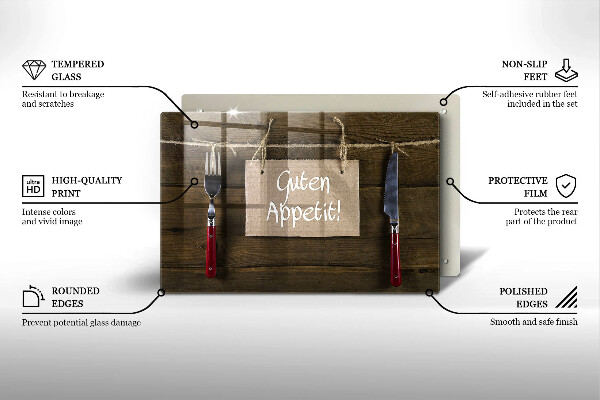 Tagliere in vetro temperato Iscrizione Guten Appetit su tavole di legno