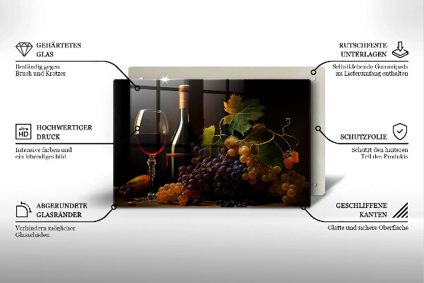 Tagliere in vetro Bicchiere di vino e uva