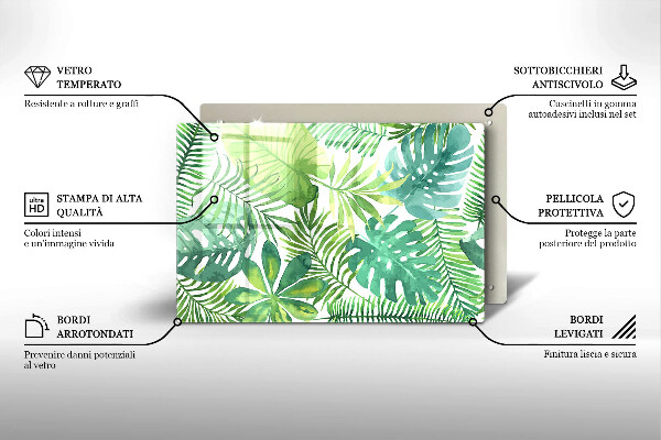 Tagliere in vetro temperato Foglie boho dell'acquerello