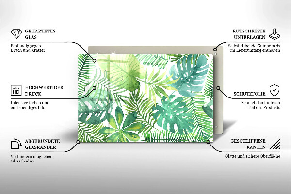 Tagliere in vetro temperato Foglie boho dell'acquerello