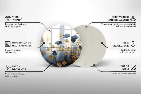 Tagliere in vetro temperato Fiori blu e oro