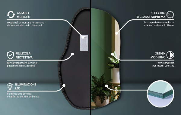 Specchio asimmetrico led moderno 80x52 cm