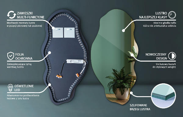 Specchio forma organica illuminato elegante 45x90 cm