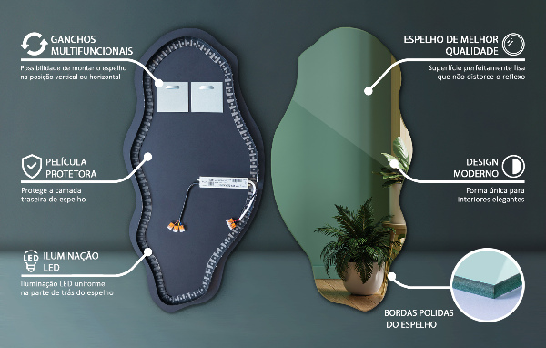 Specchio forma organica illuminato elegante 45x90 cm