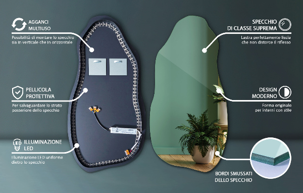 Specchio forma organica illuminato moderno minimalista 40x80 cm