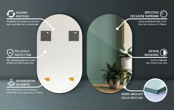 Specchio ovale da parete senza cornice 58x100 cm
