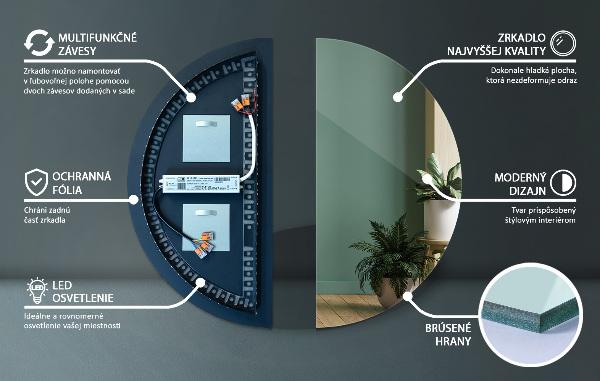 Specchio a semicerchio con illuminazione led 35x70 cm