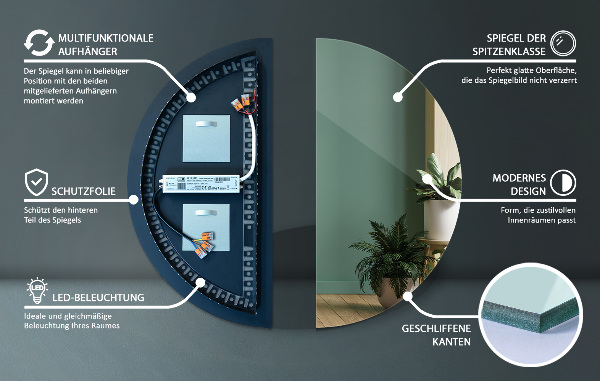 Specchio semicircolare con led 45x90 cm