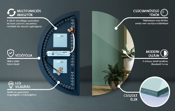 Specchio semicircolare con led 45x90 cm