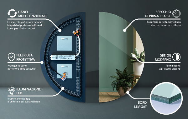 Specchio semicircolare con led 45x90 cm