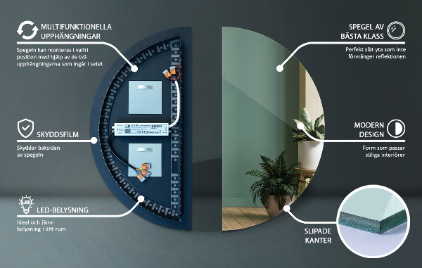 Specchio semicircolare con led 45x90 cm