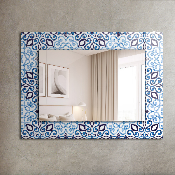 Specchio con cornice stampata Motivo ornamentale blu