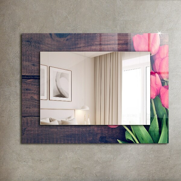 Specchio con cornice stampata Legno con tulipani rosa