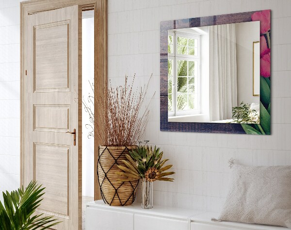 Specchio con cornice stampata Legno con tulipani rosa