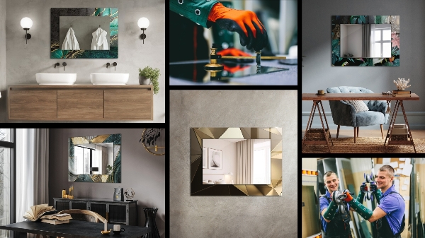 Specchio con cornice stampata Geometrico in bianco e nero