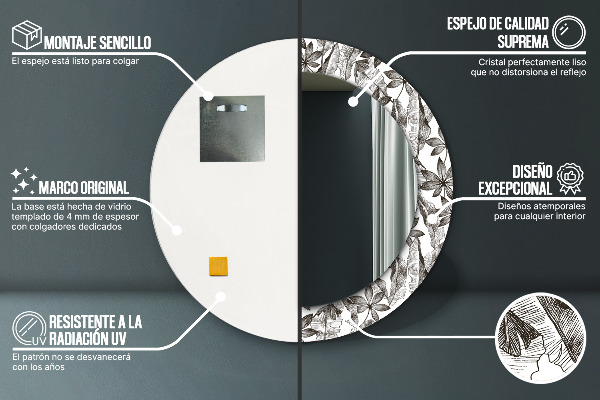 Specchio tondo con cornice stampata Foglie tropicali