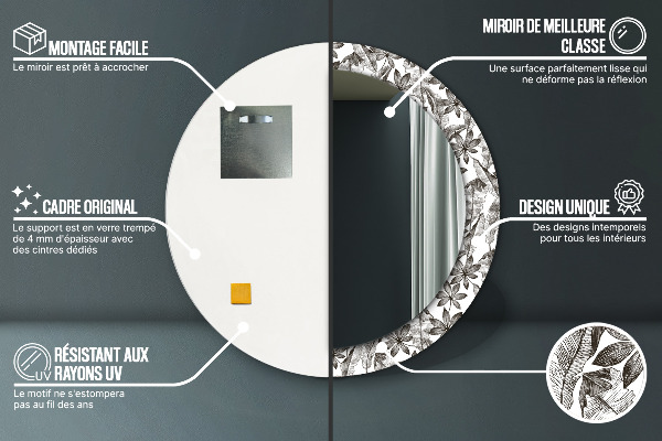 Specchio tondo con cornice stampata Foglie tropicali