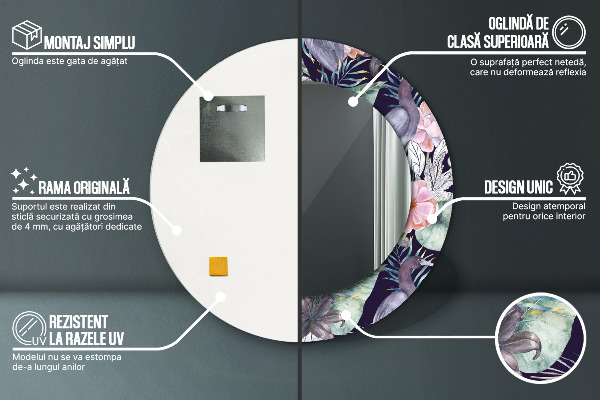 Specchio tondo con cornice stampata Uccelli aironi