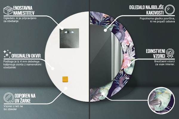 Specchio tondo con cornice stampata Uccelli aironi