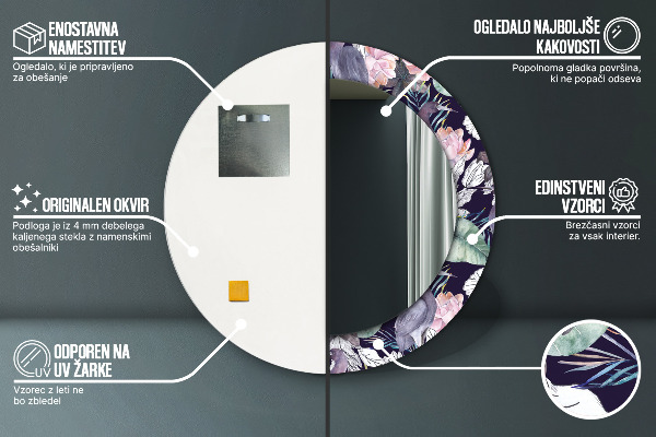 Specchio tondo con cornice stampata Uccelli aironi