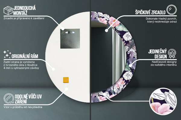 Specchio tondo con cornice stampata Uccelli aironi