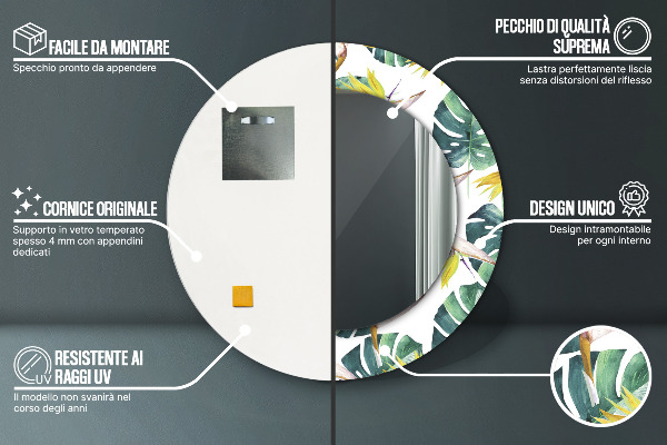 Specchio tondo decoro Foglie tropicali