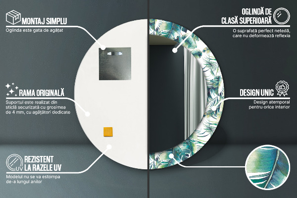 Specchio tondo con cornice stampata Foglie