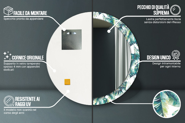 Specchio tondo con cornice stampata Foglie