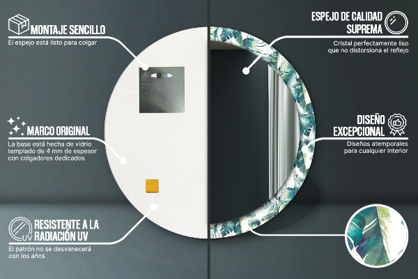 Specchio tondo con cornice stampata Foglie