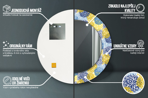 Specchio tondo con cornice stampata Fiori blu