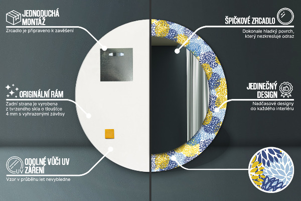 Specchio tondo con cornice stampata Fiori blu