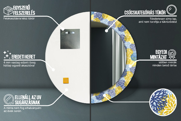 Specchio tondo con cornice stampata Fiori blu