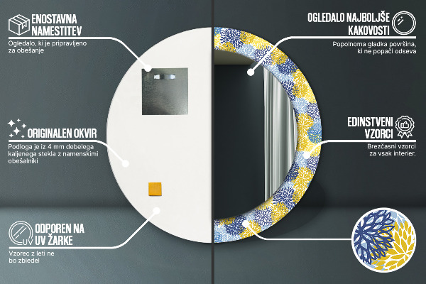 Specchio tondo con cornice stampata Fiori blu