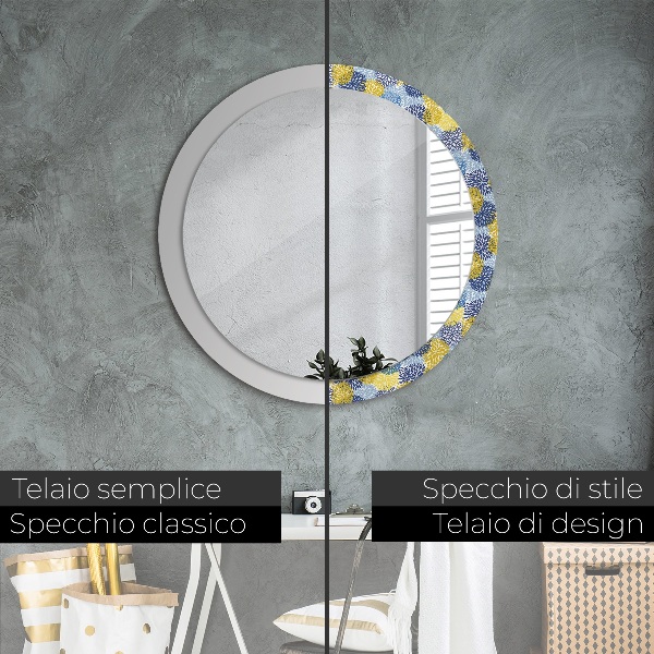 Specchio tondo con cornice stampata Fiori blu