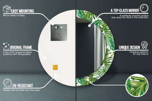 Specchio tondo stampato Foglie della giungla