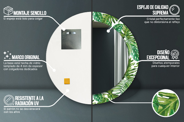 Specchio tondo stampato Foglie della giungla