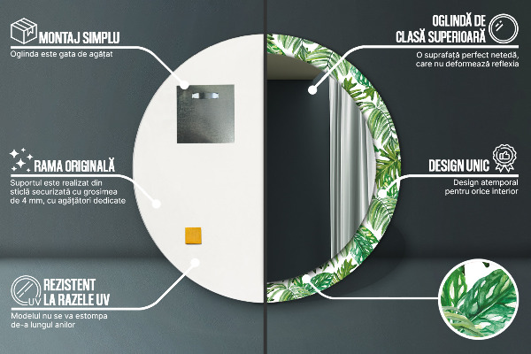 Specchio tondo stampato Foglie della giungla