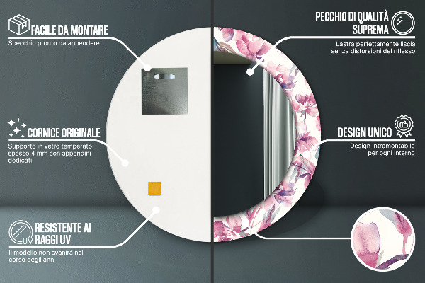 Specchio tondo decoro Fiori Peonies