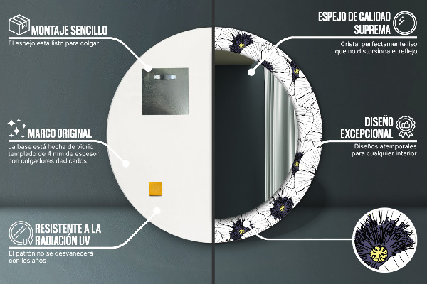 Specchio tondo stampato Composizione di fiori lineari