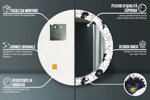 Specchio tondo stampato Composizione di fiori lineari