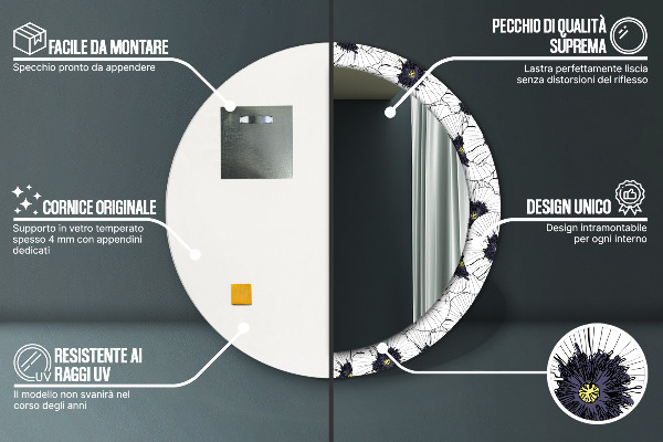 Specchio tondo stampato Composizione di fiori lineari